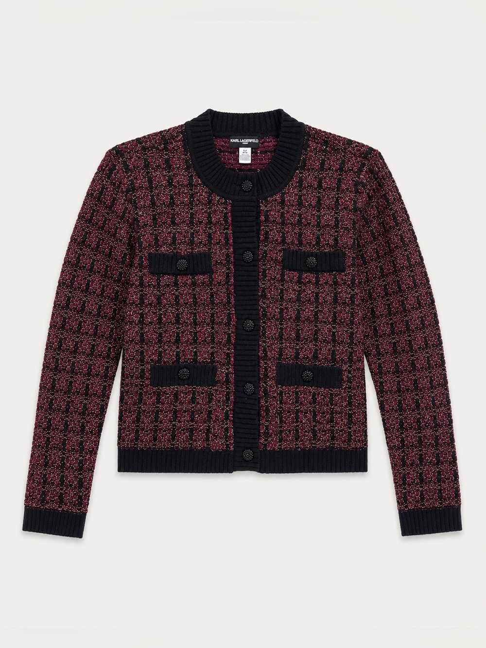 Karl Lagerfeld Paris Burgundy Black Metallic Tweed Cardigan Jacket Size L